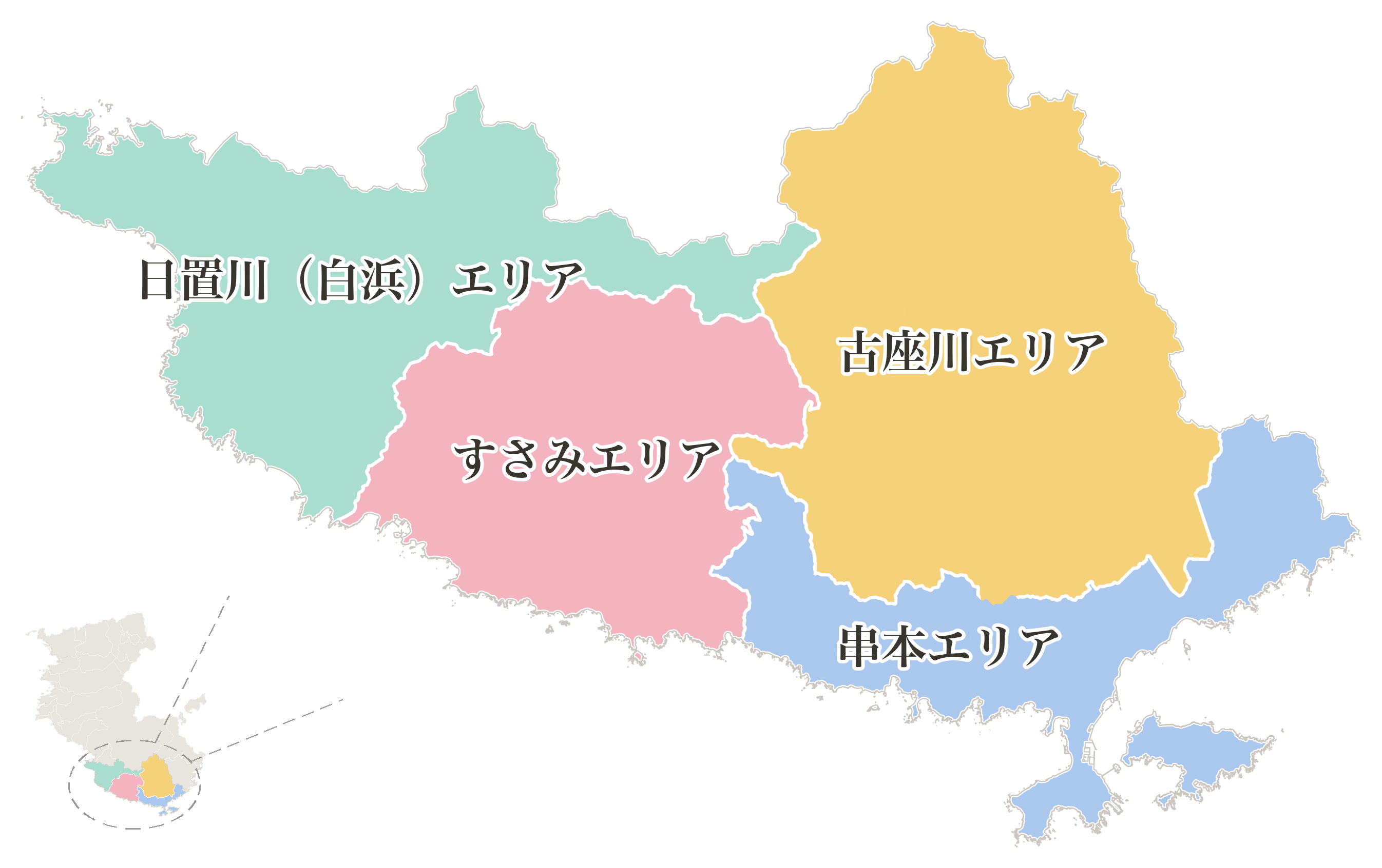 南端エリアの地図（日置川（白浜）／すさみ／串本／古座川）